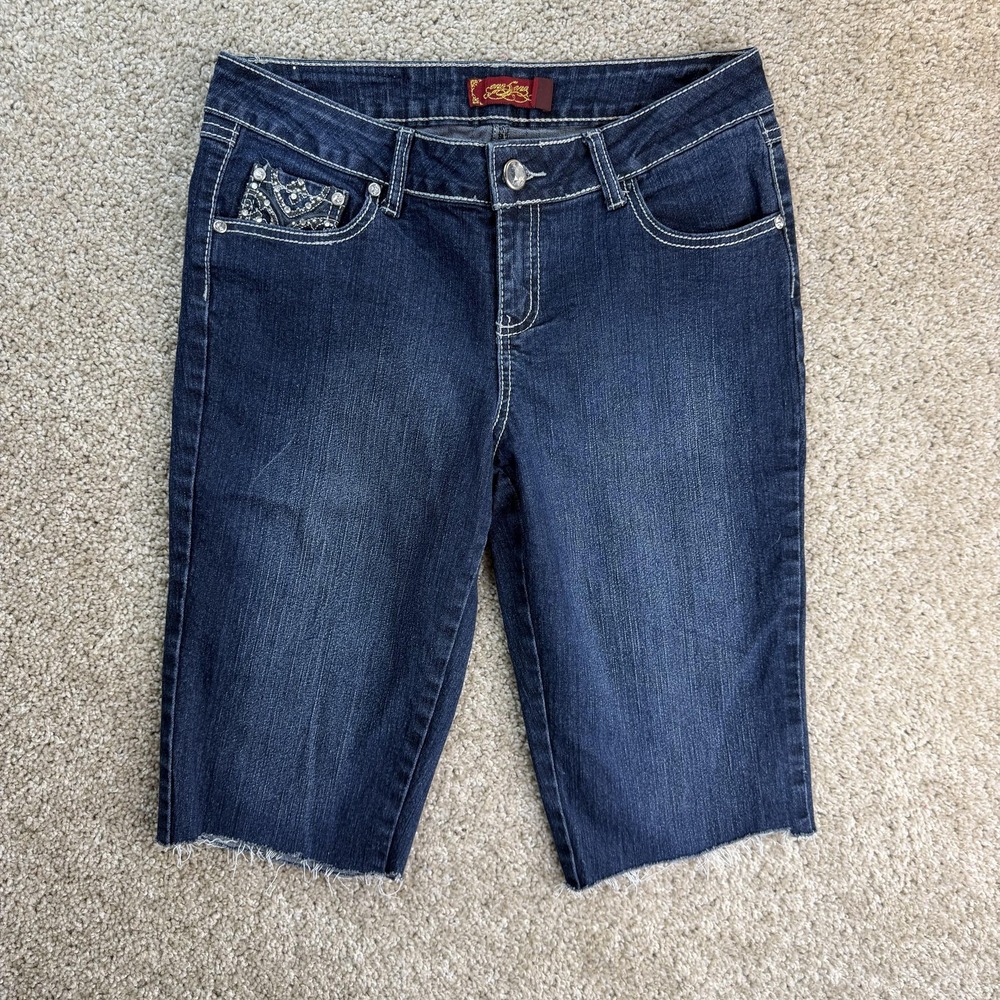 One 5 One Denim Bermuda Shorts Womens 4 Rhinestone Pockets Stretch Dark Wash